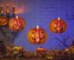 Lighted Hanging Halloween Pumpkins Set Of 3 With Remote Control Indoor-Outdoor