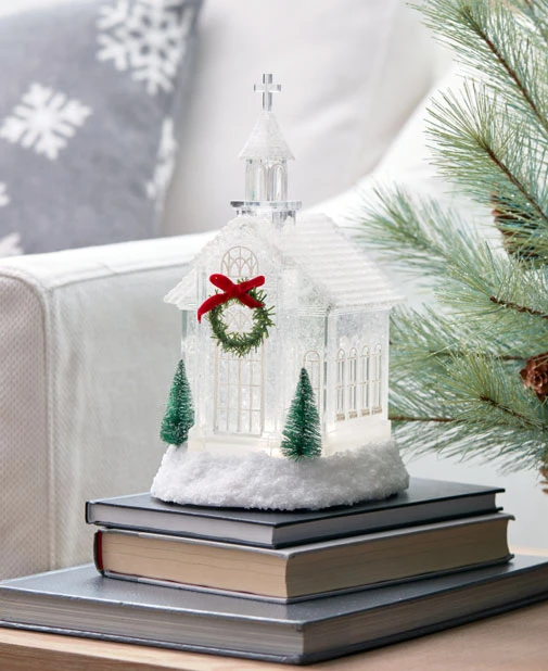 LED Lighted Church Water Lantern With Evergreens And Wreath - 10.5 Inch 3 LED Lighted Church Water Lantern With Evergreens And Wreath - 10.5 Inch