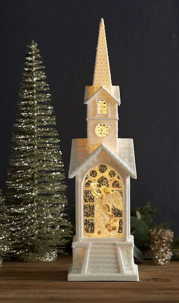 Angel Lighted Water Church In Swirling Glitter - 16.25 Inch 3 Angel Lighted Water Church In Swirling Glitter - 16.25 Inch