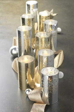 Moving Flame 6 Inch Silver Mercury Glass Flameless Cylinder Candle -Timer -Solar Christmas Holiday Shop merc glass candles gold silver