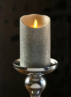 Solar Christmas Holiday Shop 43 Moving Flame Silver Glitter Candle Battery Operated 3.5 X 5 Timer - Remote Ready
