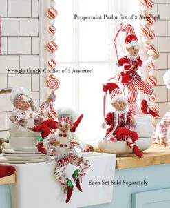 Peppermint Parlor 16 Inch Posable Elf Figurine, Set Of 2 Assorted NEW -Solar Christmas Holiday Shop peppermint and kringle