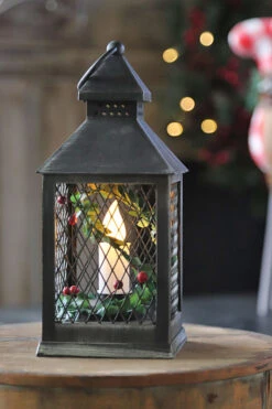 Holiday Brushed Black Candle Lantern With Berries And Holly - 9.25 Inch - 8 Hr Timer