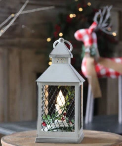 Holiday Brushed White Candle Lantern With Berries And Holly - 9.25 Inch - 8 Hr Timer