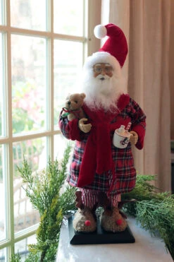 Tall 17.5 Inch Santa Figurine In Robe With Teddy And Hot Cocoa -Solar Christmas Holiday Shop santa in robe 2