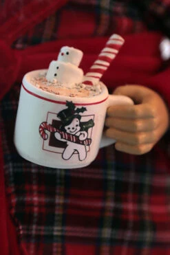 Tall 17.5 Inch Santa Figurine In Robe With Teddy And Hot Cocoa -Solar Christmas Holiday Shop santa in robe cocoa