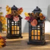 Set Of 2 Battery Operated Lighted Fall Metal Lanterns With Floral Accents And Timer -Solar Christmas Holiday Shop set of fall lanterns