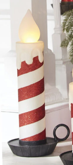22.5 Inch Large Flickering Flame Candycane Striped Glitter Christmas Candle