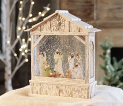 Nativity Musical Lighted Water Creche Antique White 10 Inch In Swirling Glitter