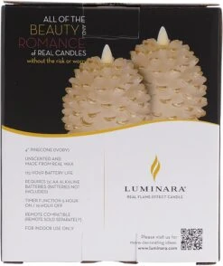 Luminara 4 Inch White Pine Cone Candle Battery Operated - Timer 7 Luminara 4 Inch White Pine Cone Candle Battery Operated - Timer -Solar Christmas Holiday Shop white pinecone box back