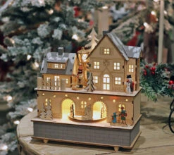 Wind Up Animated Lighted Musical Holiday Wood House Battery Operated